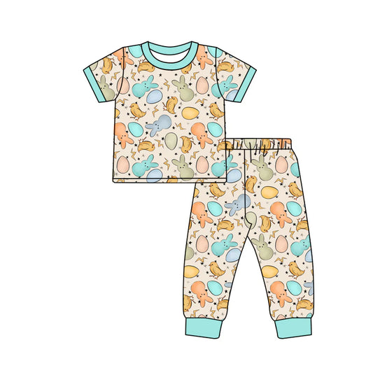 X1.13 Preorder (moq 5)Baby Boys Colorful Rabbits Eggs Top Pants Easter Pajamas Sets
