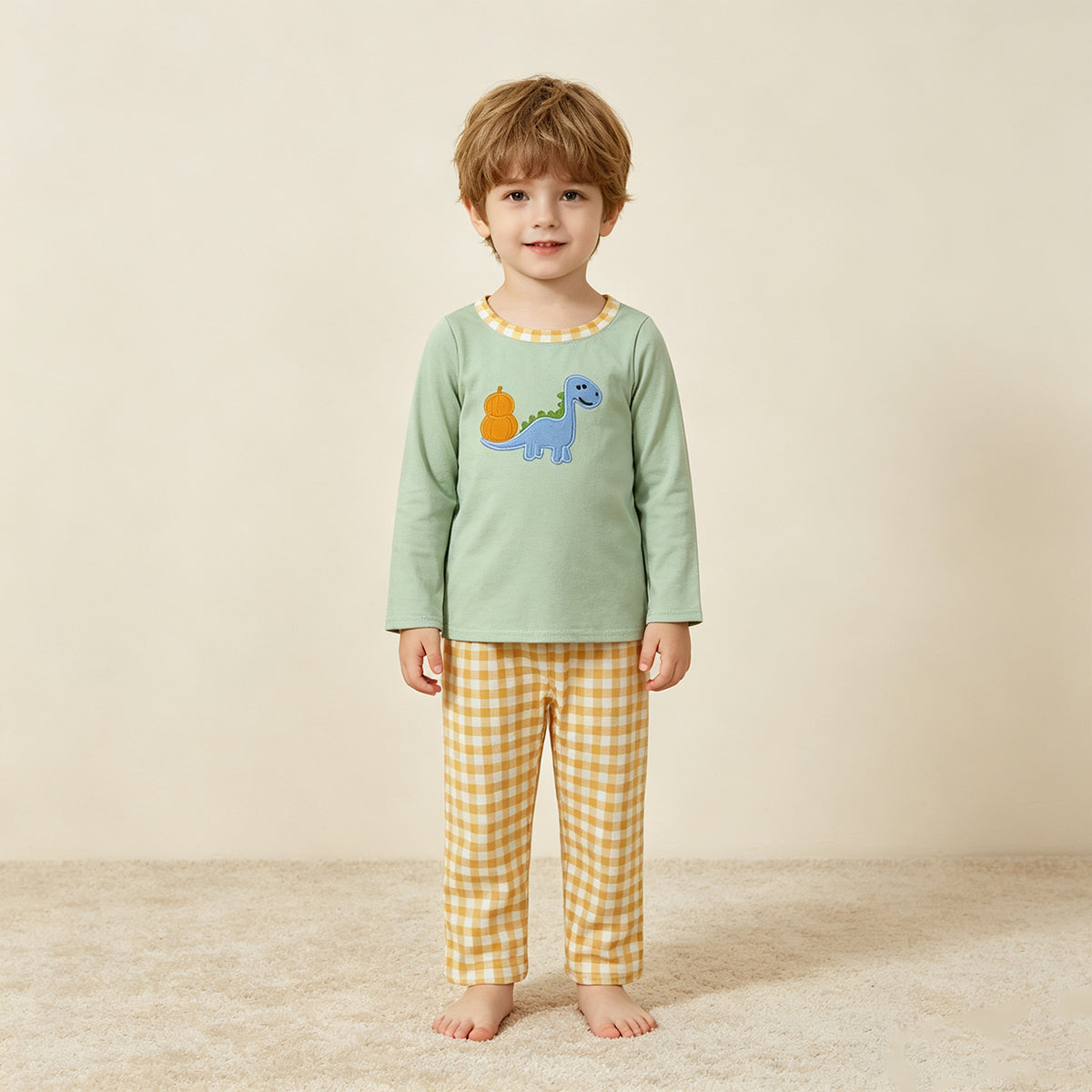 NEW RTS NO MOQ milk silk BLP1515 Embroidery Pumpkin Dinosaurs Baby Boys Top Checked Pants Fall Clothes Set