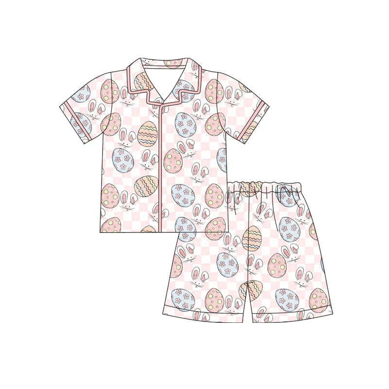 X12.19 Preorder (moq 5)Baby Girls Pink Checked Rabbits Eggs Button Top Shorts Easter Pajamas Sets