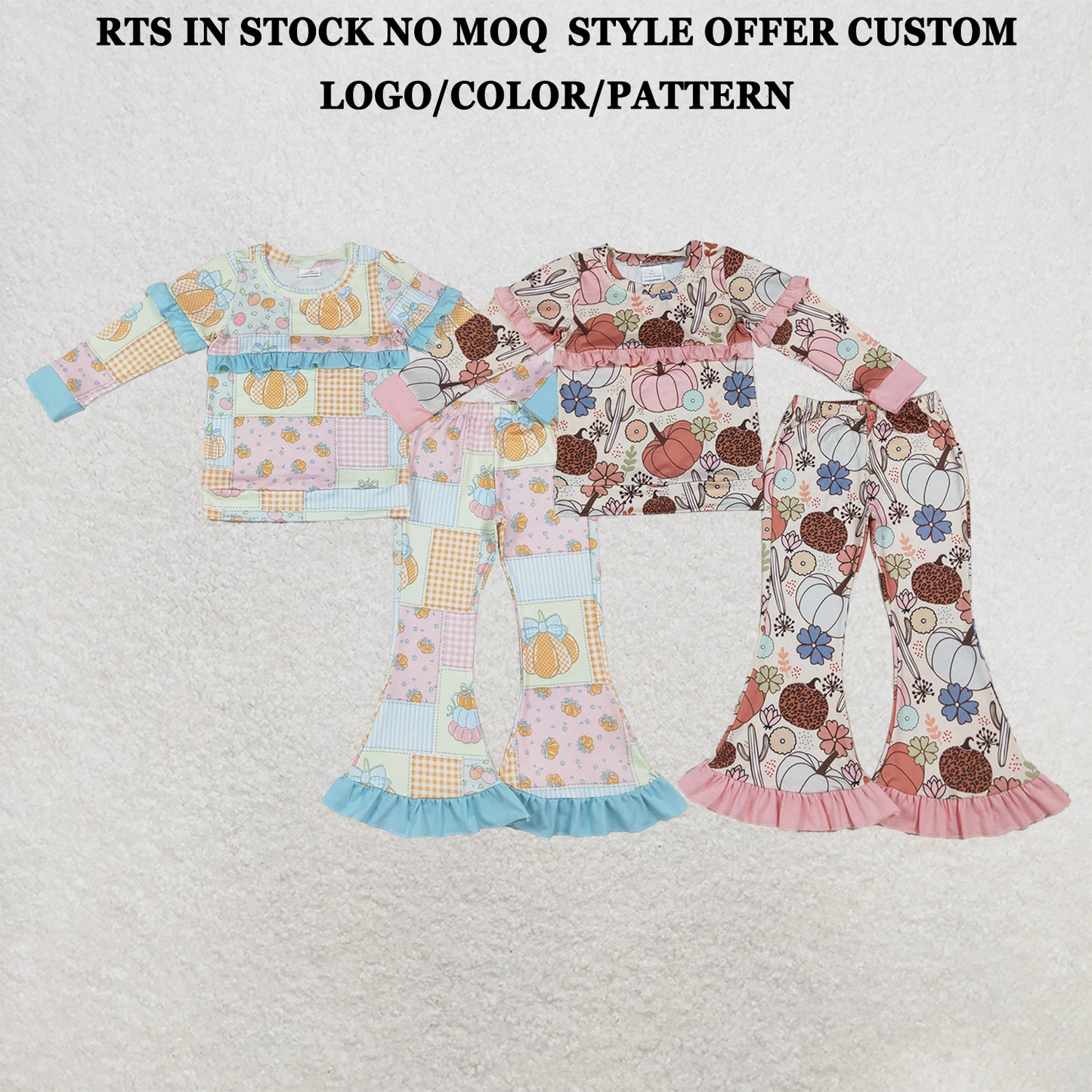 RTS NO MOQ Sibling milk silk Baby Girls Flowers Bows Pumpkins Top Flare Ruffle Pant Fall Clothes Sets