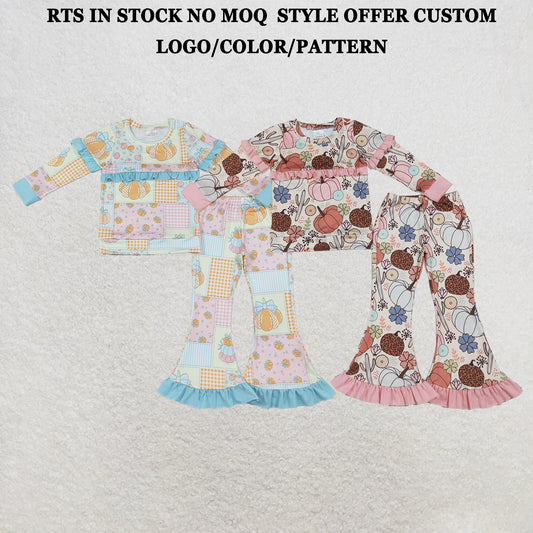 RTS NO MOQ Sibling milk silk Baby Girls Flowers Bows Pumpkins Top Flare Ruffle Pant Fall Clothes Sets