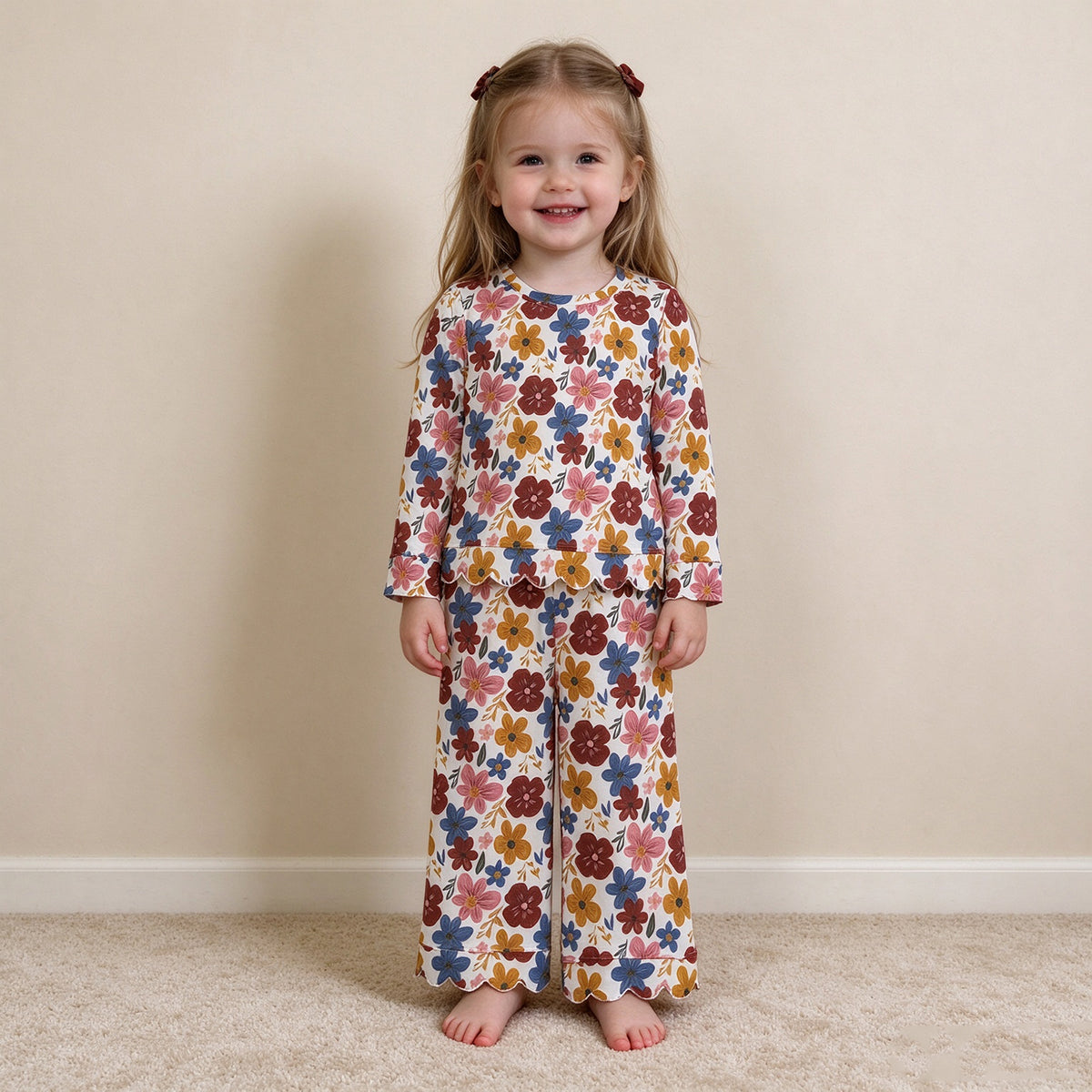 NEW RTS NO MOQ milk silk GLP3690 Baby Girls Colorful Flowers Top Pants Fall Scallop Clothes Sets