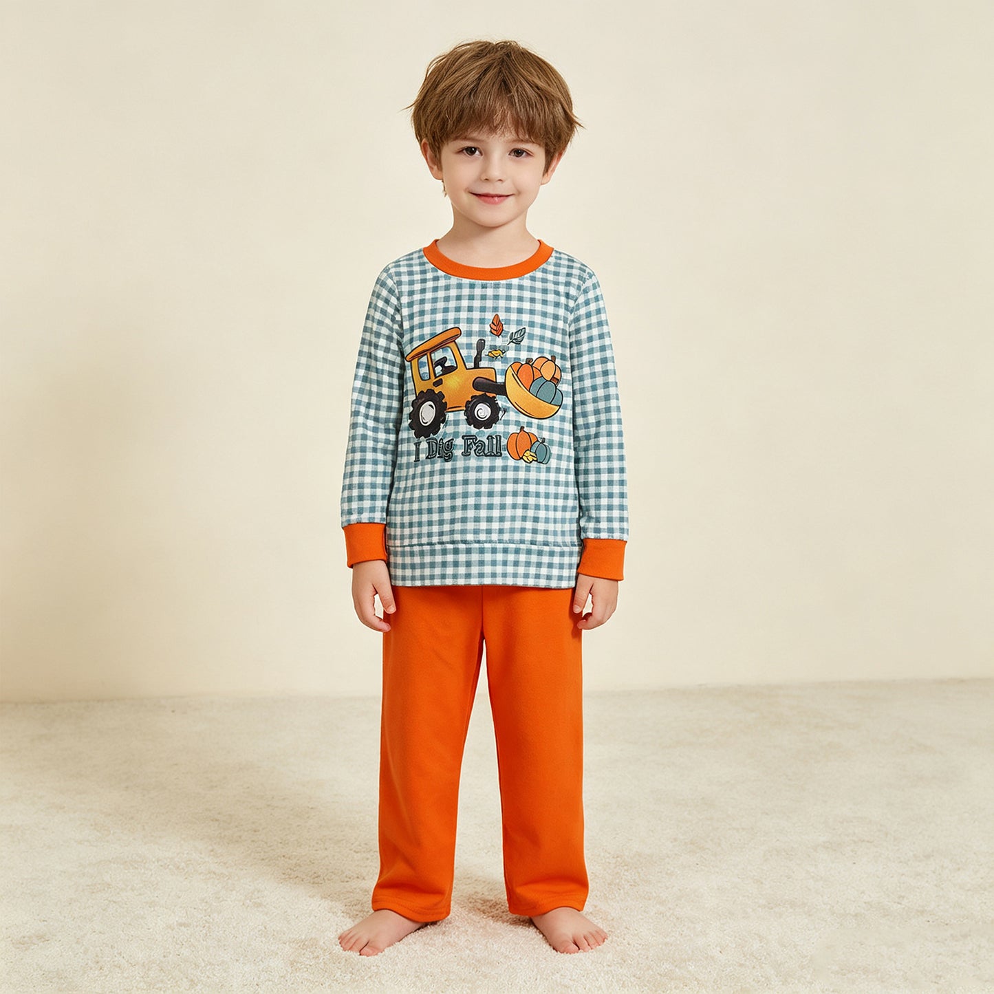 NEW RTS NO MOQ milk silk BLP1542 Baby Boys Pumpkins Truck Checked Top Pant Fall Clothes Set
