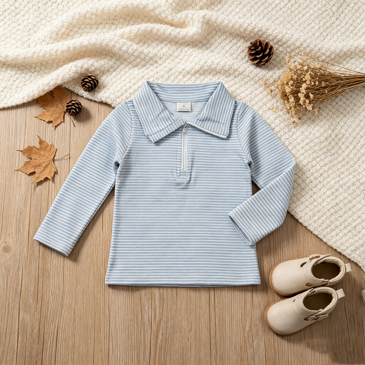 NEW RTS NO MOQ milk silk BT1878 Baby Boys Long Sleeve Light Blue Stripe Zip Pullovers Top