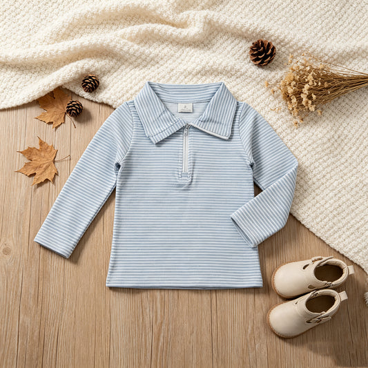 NEW RTS NO MOQ milk silk BT1878 Baby Boys Long Sleeve Light Blue Stripe Zip Pullovers Top