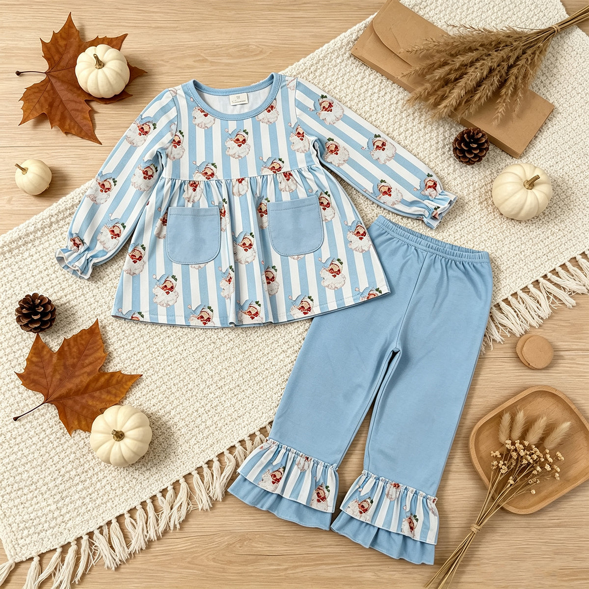 RTS NO MOQ milk silk GLP3455 Baby Girls Blue Stripe Santa Pockets Tunic Ruffle Pant Christmas Clothes Set