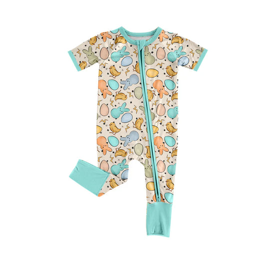 X1.13 Preorder (moq 5)Baby Boys Colorful Rabbits Eggs Easter Two Way Zip Convertible Rompers