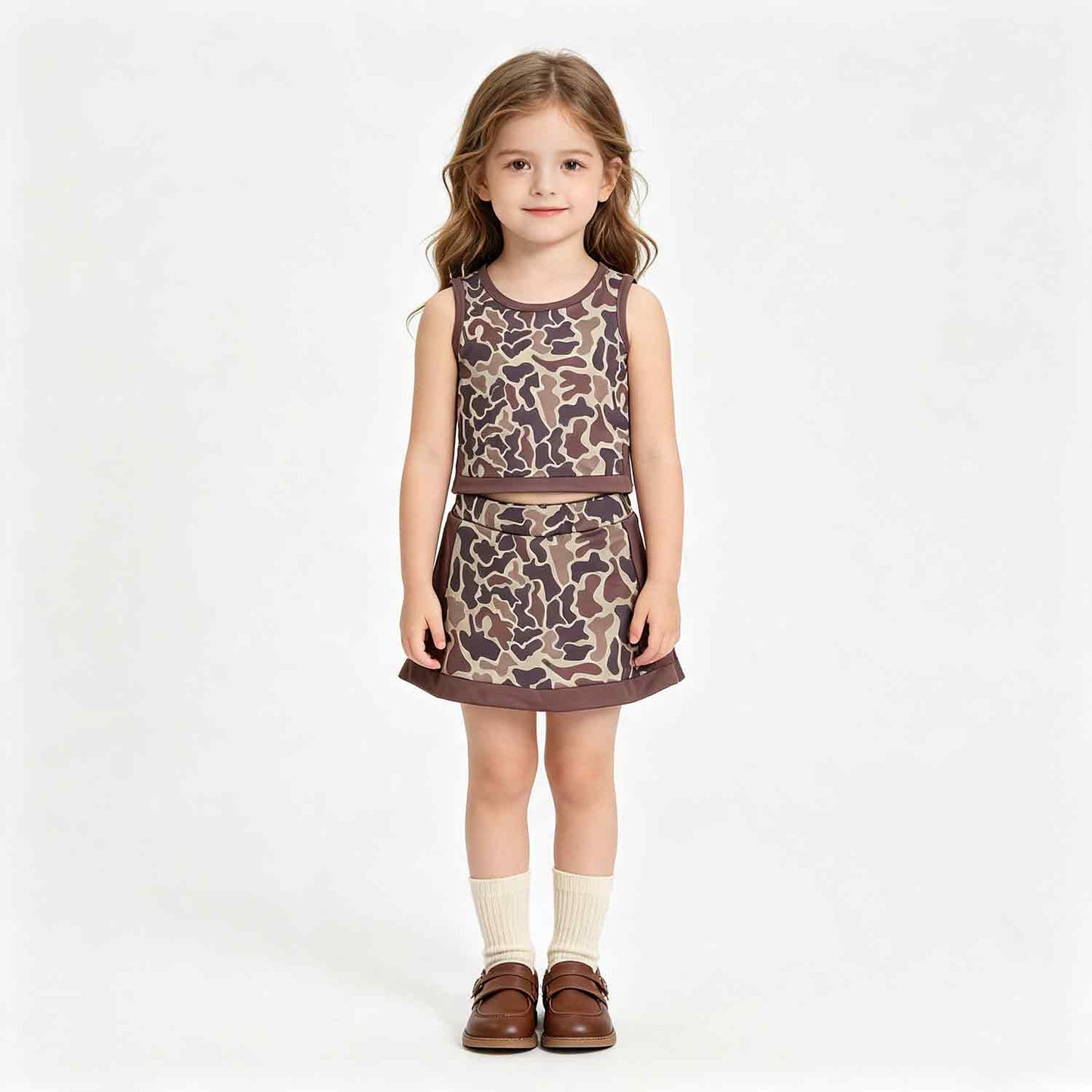 RTS No moq yoga fabric GSD4231 Baby Girls Southern Brown Camo Vest Skirt Short Yoga Active Clothes Set
