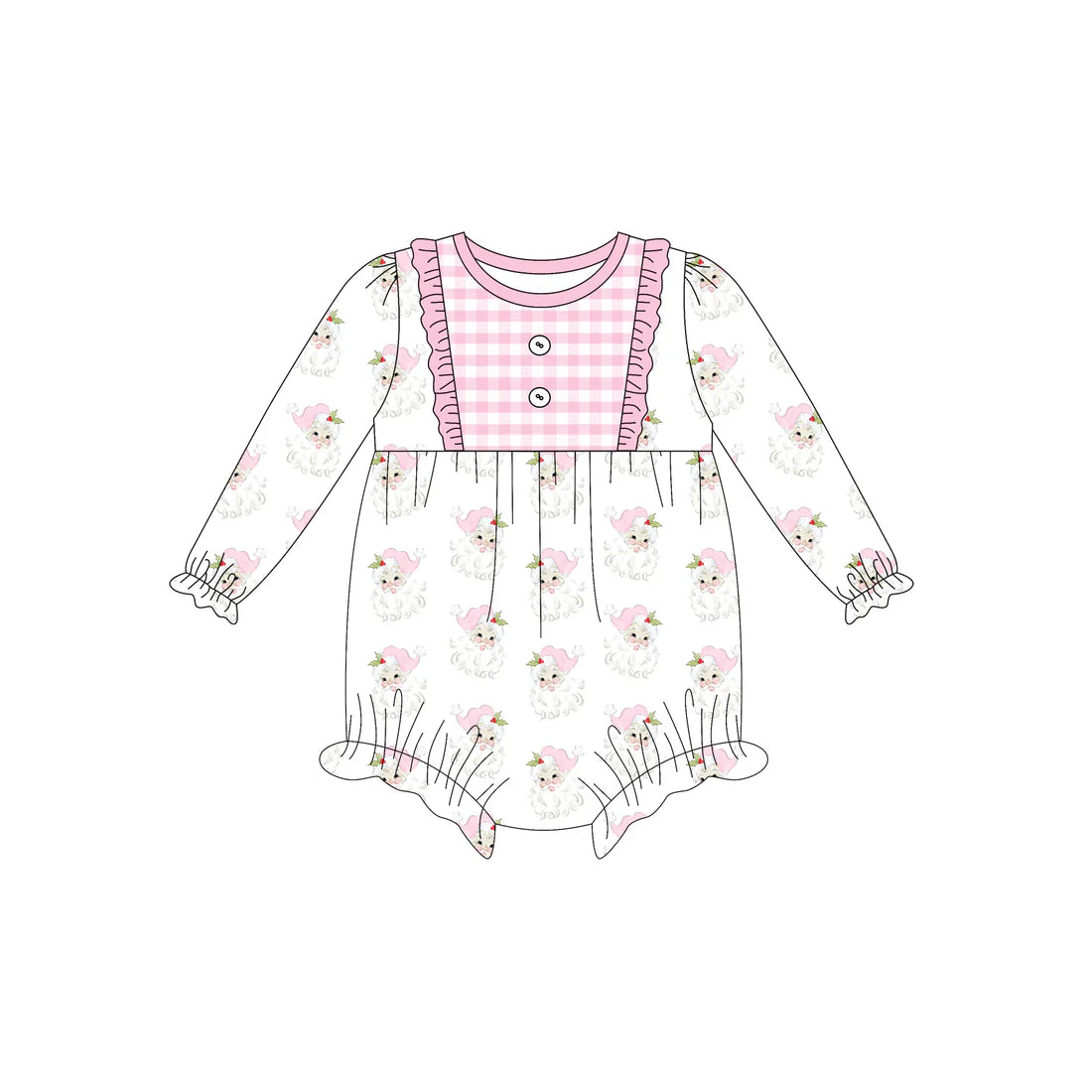 7.12Preorder (moq 5)Baby Girls Long Ruffle Sleeves Pink Santa Plaid Button Romper