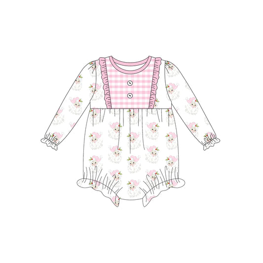 7.12Preorder (moq 5)Baby Girls Long Ruffle Sleeves Pink Santa Plaid Button Romper