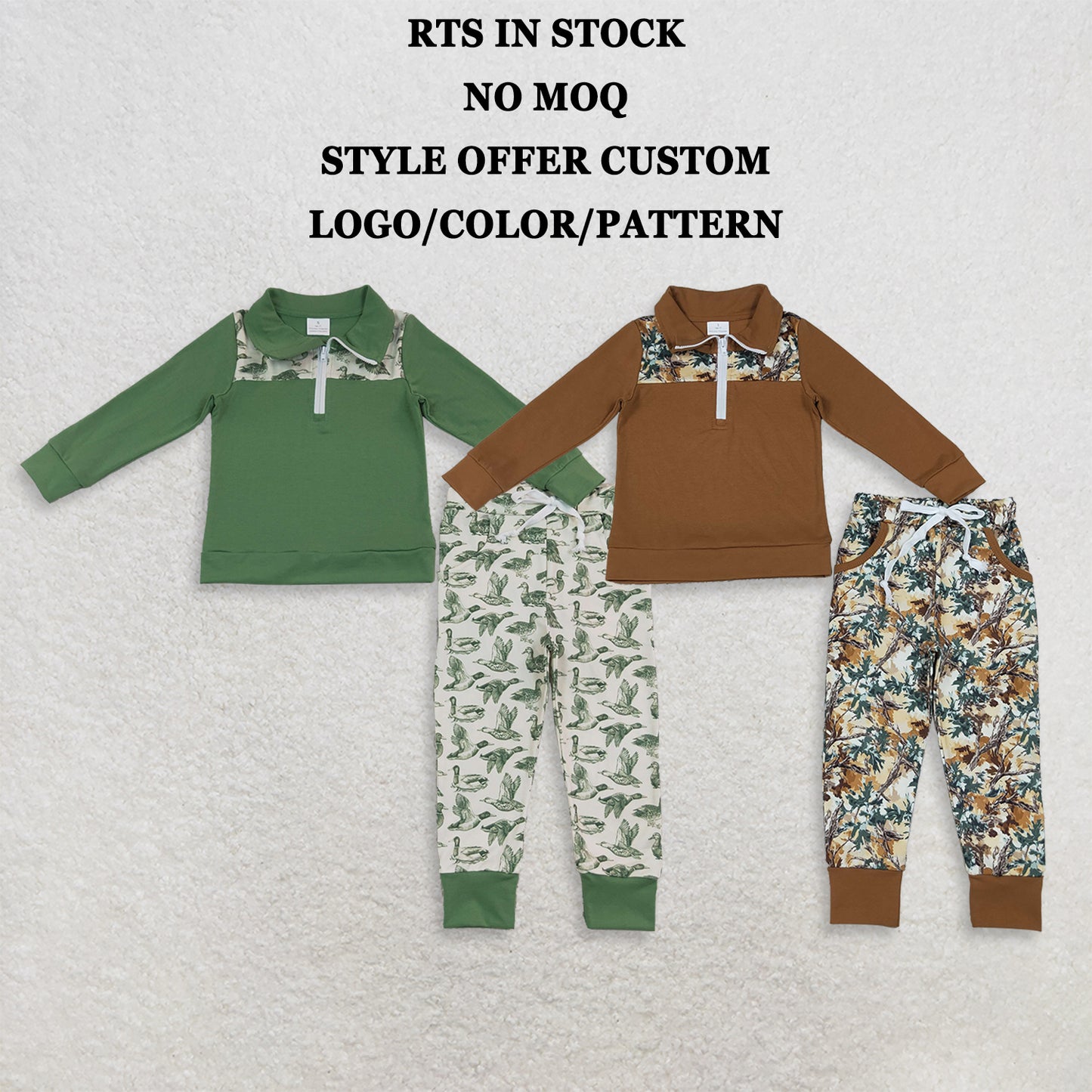 RTS NO MOQ Sibling milk silk Baby Boys Long Sleeve Camo Zip Pullover Pockets Jogger Hunting Clothes Sets