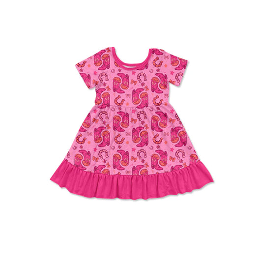 X1.15 Preorder (moq 5)Baby Girls Bow Boots Western Ruffle Knee Length Dresses