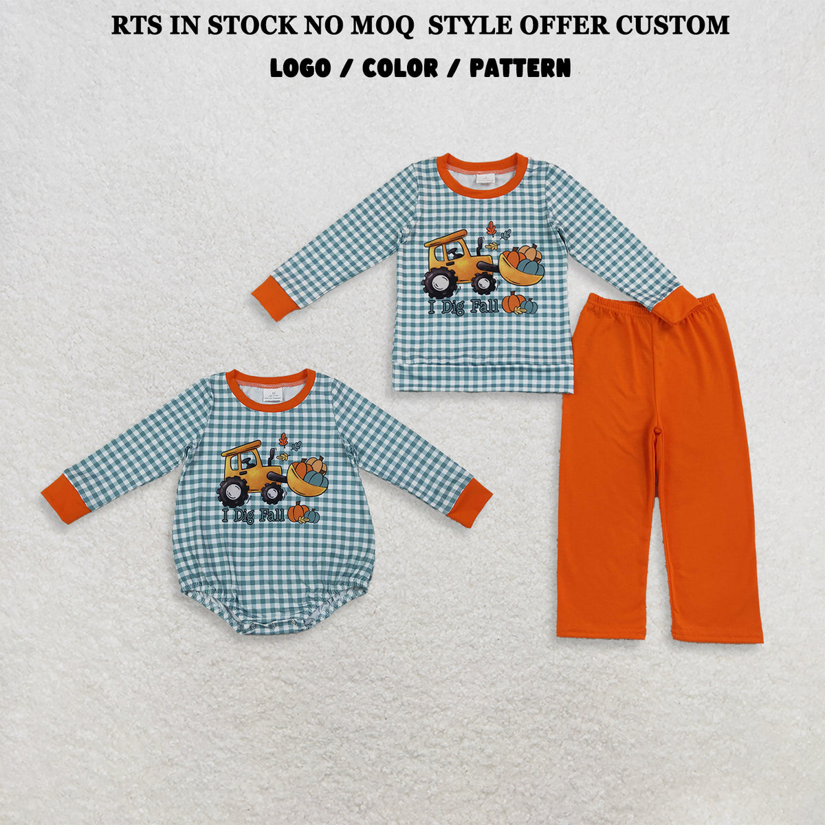 RTS NO MOQ Sibling milk silk Baby Boys Pumpkins Truck Checked Top Pant Fall Set Rompers