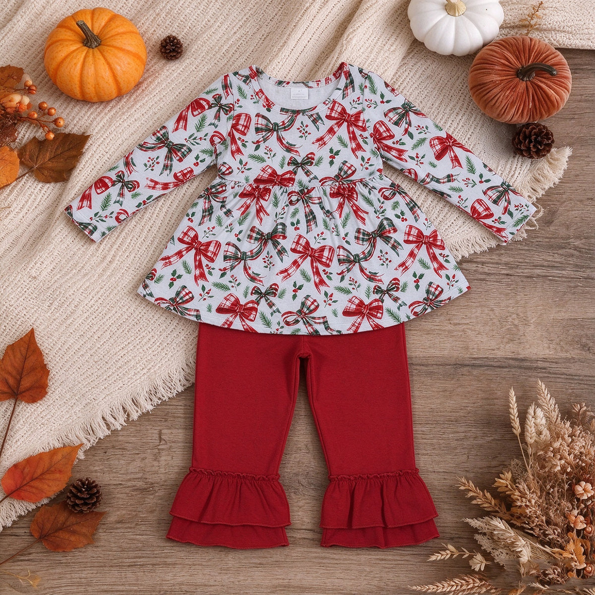 RTS NO MOQ milk silk GLP3541 Baby Girls Red Green Checked Bows Holly Tunic Ruffle Pant Christmas Clothes Set