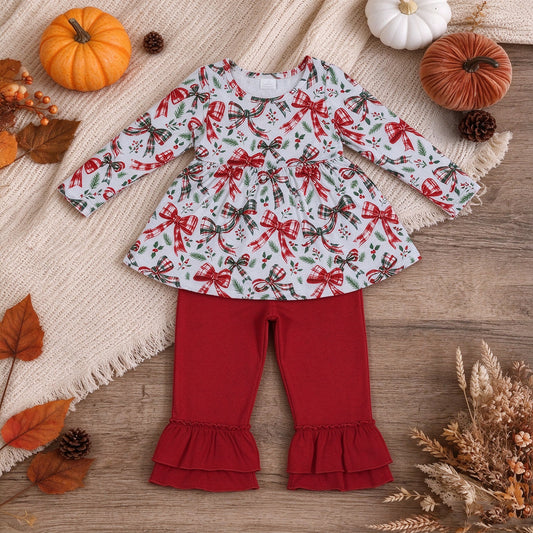 RTS NO MOQ milk silk GLP3541 Baby Girls Red Green Checked Bows Holly Tunic Ruffle Pant Christmas Clothes Set