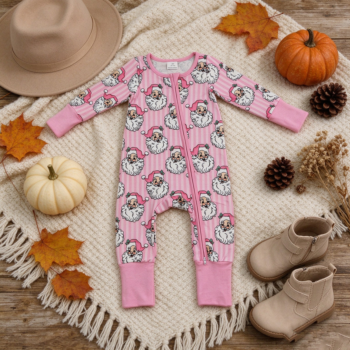 NEW RTS NO MOQ milk silk LR3125 Baby Girls Pink Stripe Santa Christmas Two Way Zip Convertible Rompers