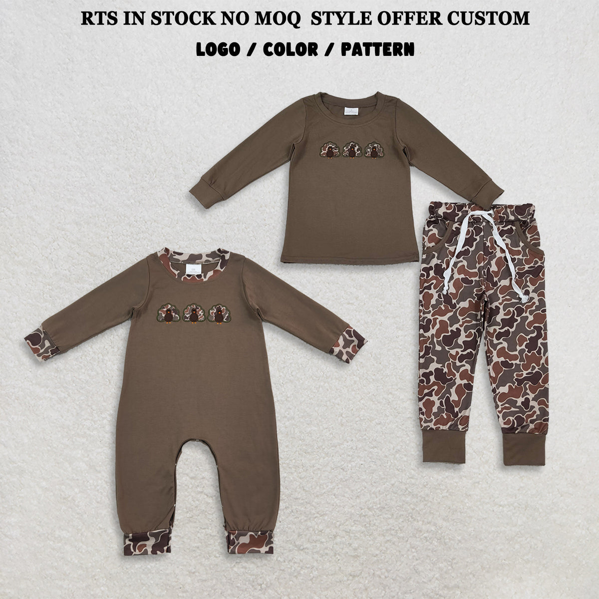 RTS NO MOQ Sibling milk silk Baby Boys Embroidery Turkey Brown Camo Pockets Joggers Clothes Set Rompers
