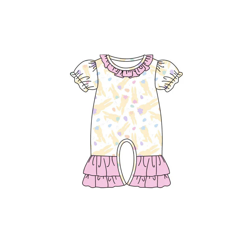 X920Preorder (moq 5)Baby Girls Yellow Rabbits Easter Ruffle Footie Rompers