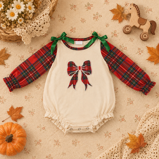 NEW RTS NO MOQ milk silk LR3163 Embroidery Checked Bows Baby Girls Red Green Christmas Ruffle Rompers