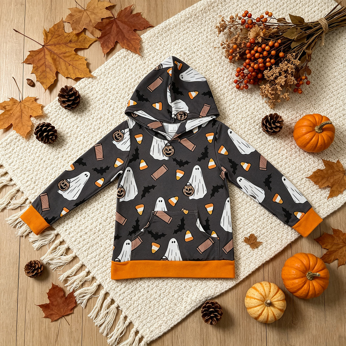 NEW RTS NO MOQ milk silk BT1898 Baby Boys Ghost Pumpkins Bats Halloween Pocket Hoodies Tops