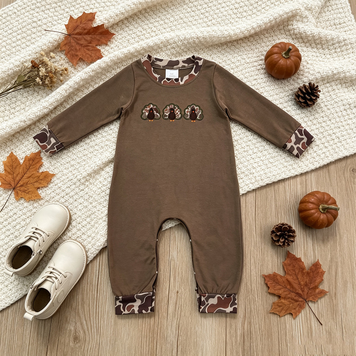 NEW RTS NO MOQ milk silk LR3108 Embroidery Turkey Baby Boys Brown Camo Thanksgiving Pant Rompers