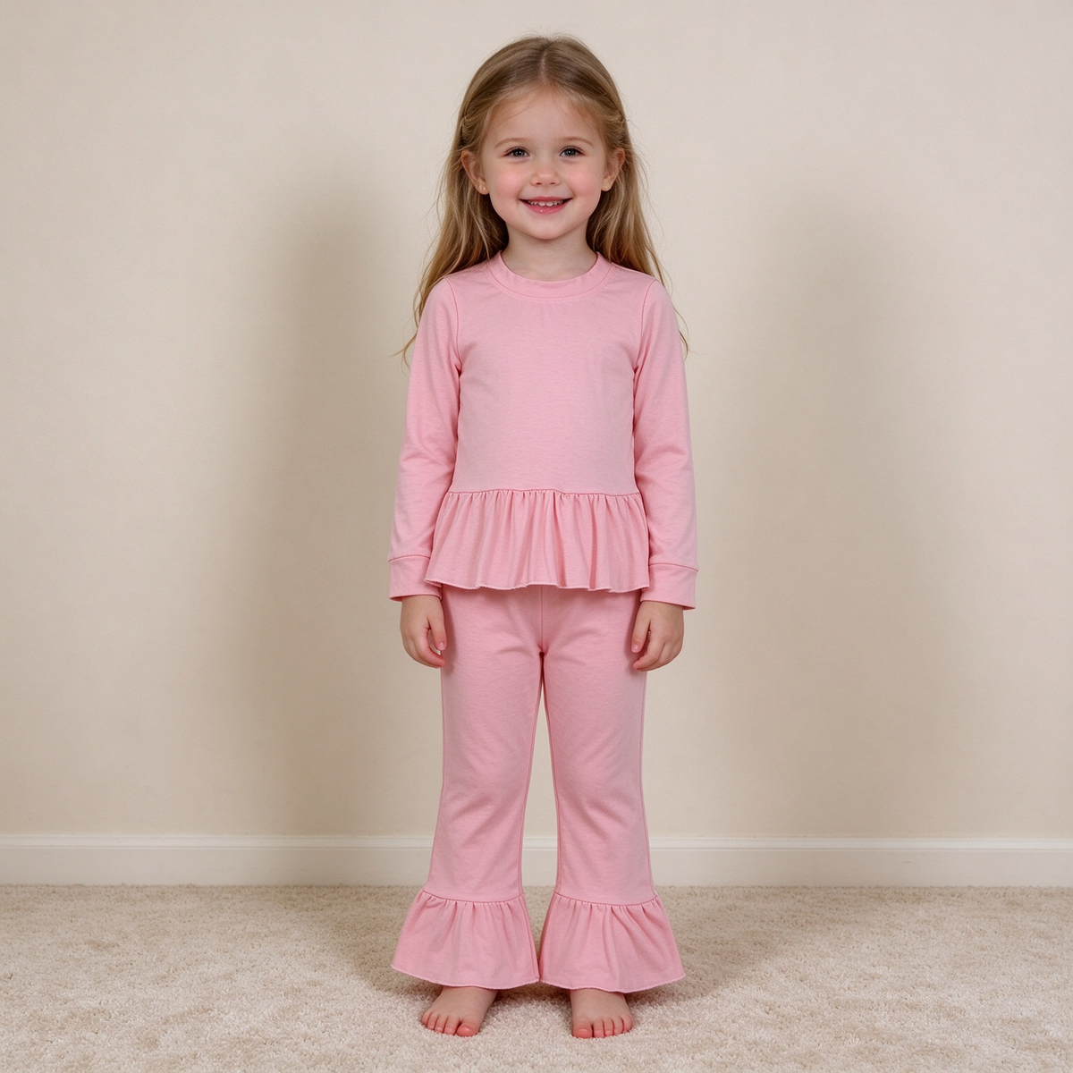 NEW RTS NO MOQ milk silk GLP3746 Baby Girls Peach Long Sleeve Tunic Ruffle Pant Clothes Set