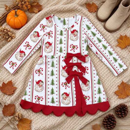 NEW RTS NO MOQ yoga fabric GLD1650 Baby Girls Santa Candy Cane Christmas Yoga Active Short Bows Scallop Dress