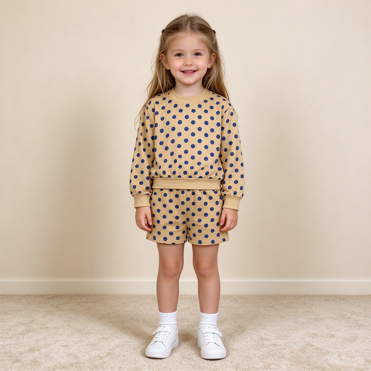 NEW RTS NO MOQ milk silk GLS0205 Baby Girls Mustard Long Sleeve Polka Dots Slouchy Top Pockets Short Clothes Set