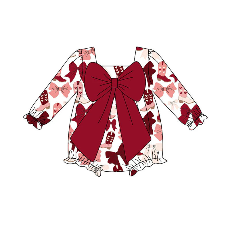 X920Preorder (moq 5)Baby Girls Pink Red Bows Heart Boots Ruffle Rompers