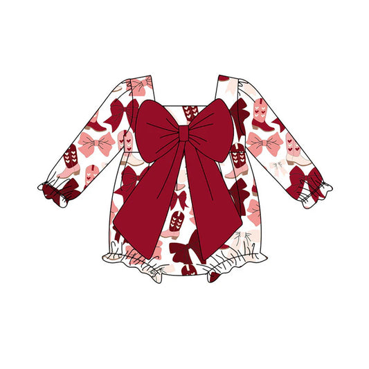 X920Preorder (moq 5)Baby Girls Pink Red Bows Heart Boots Ruffle Rompers