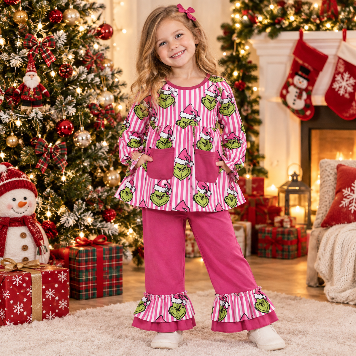 RTS NO MOQ milk silk GLP3458 Baby Girls Blue Stripe Santa Pockets Tunic Ruffle Pant Christmas Clothes Set