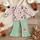 NEW RTS NO MOQ milk silk GLP3539 Baby Girls Christmas Tree Bow Print Long Sleeve Top Flare Pants Christmas Casual Outfit