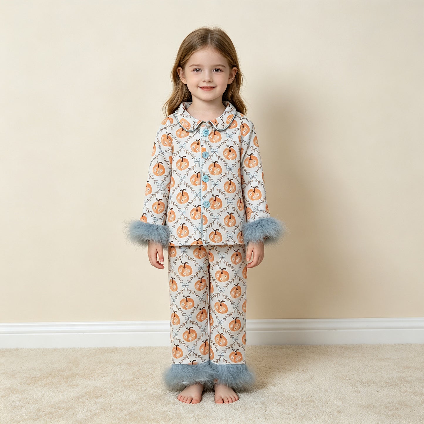 NEW RTS NO MOQ milk silk GLP3338  Baby Girls Floral Pumpkin Print Button Front Long Sleeve Top Elastic Waist Pants Fur Pajama Set