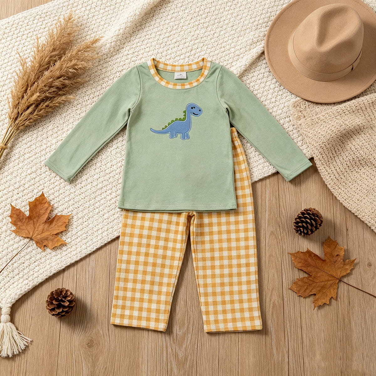 NEW RTS NO MOQ milk silk BLP1515 Embroidery Pumpkin Dinosaurs Baby Boys Top Checked Pants Fall Clothes Set