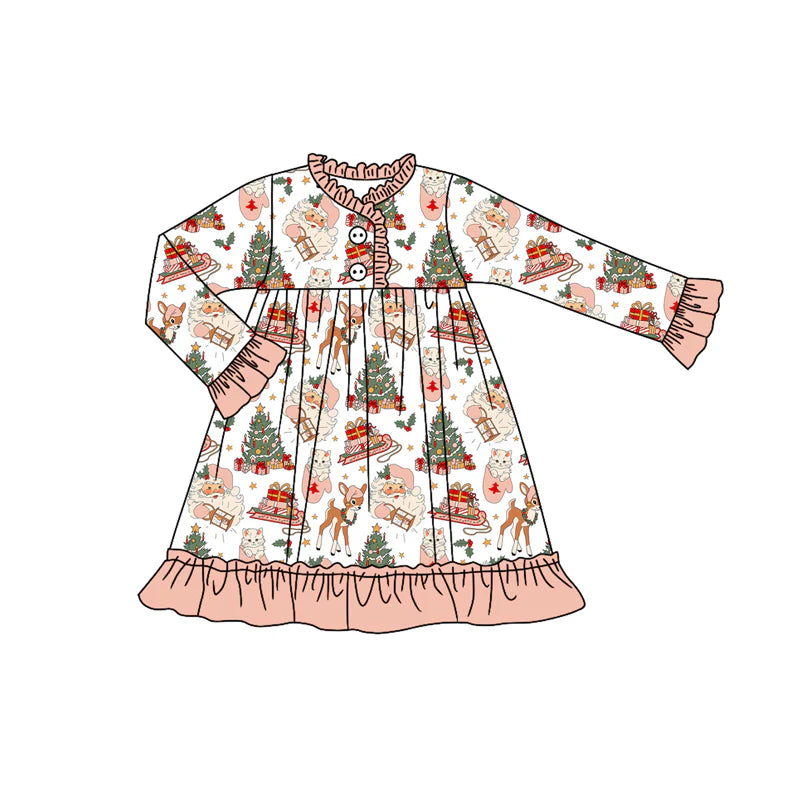 7.12Preorder (moq 5)Baby Girls Long Ruffle Sleeves Santa Deer Trees Button Knee Length Dresses