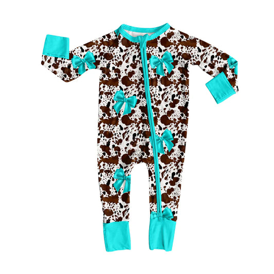 8.7preorder(moq 5)Baby Infant Boys Long Sleeves Cow Print Bows Zipper Rompers