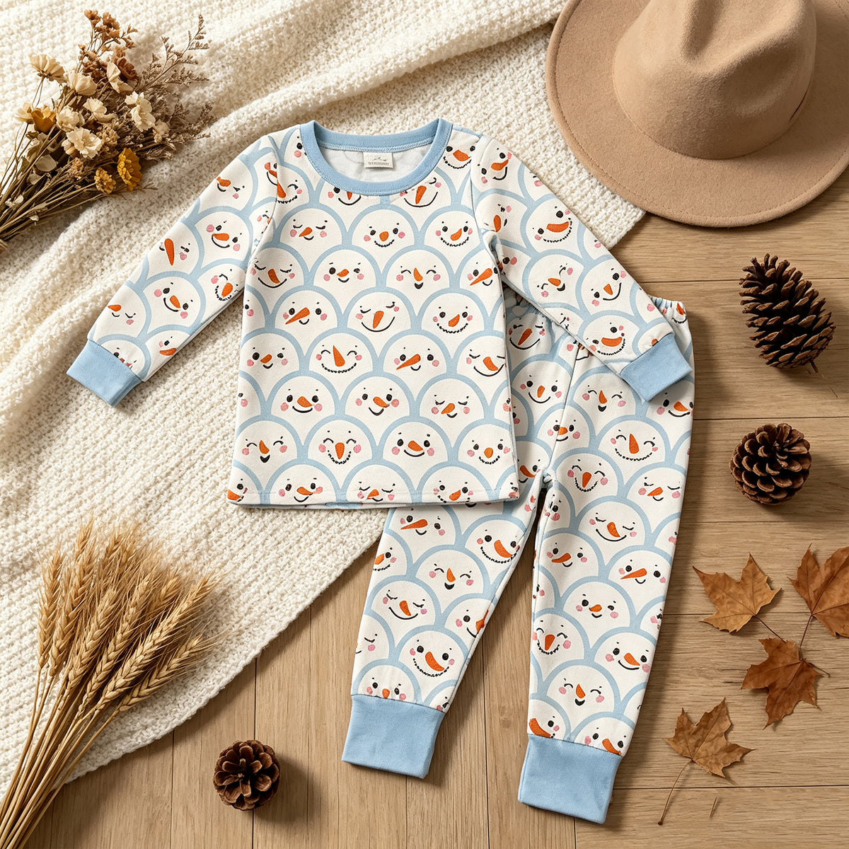 NEW RTS NO MOQ milk silk BLP1514 Baby Boys Long Sleeve Blue Checked Snowmen Top Pant Christmas Pajamas Set