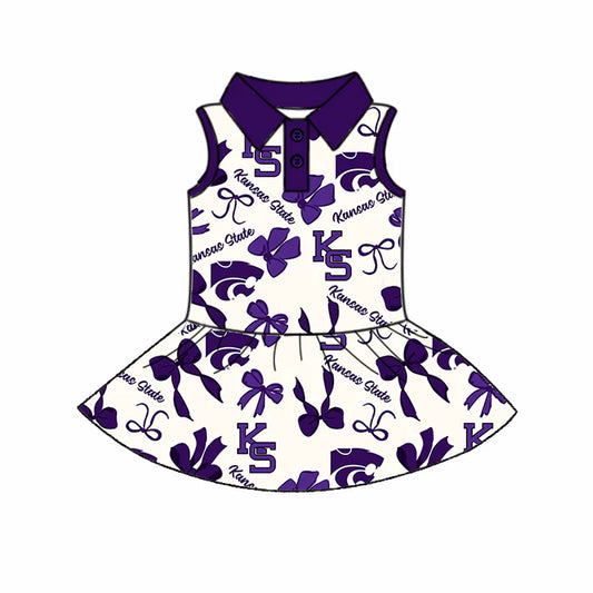 6.28Preorder (moq 5)Baby Girls Purple Sleeveless Bows Plaid KS Button Team Knee Length Dresses