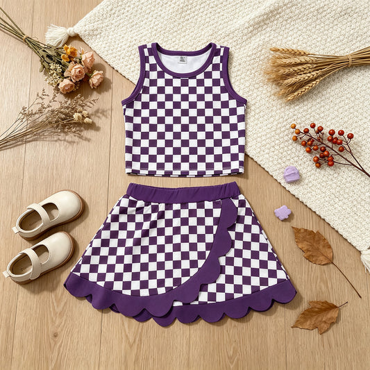 RTS NO MOQ yoga GSD4251 Baby Girls Purple Checked Vest Scallop Skirt Short Yoga Active Clothes Set