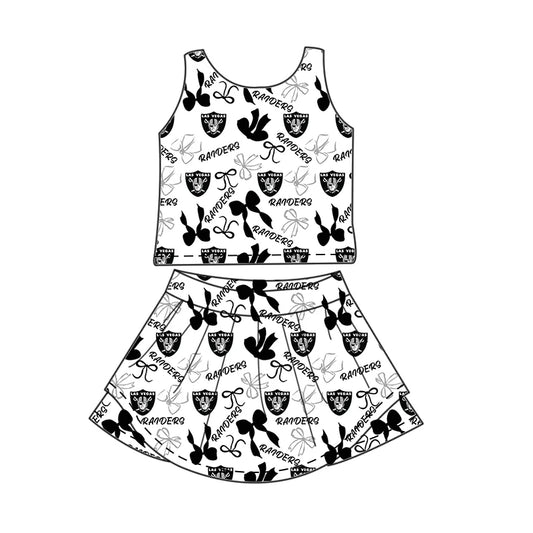 6.30Preorder (moq 5)Baby Girls Sleeveless Black Bows Plaid Raiders Top Skorts Team Set