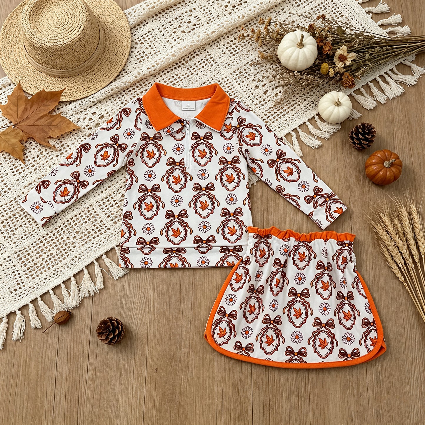 NEW RTS NO MOQ milk silk GLD1602 Baby Girls Long Sleeve Bow Leaf Print Zip Pullover Top Skirt Set