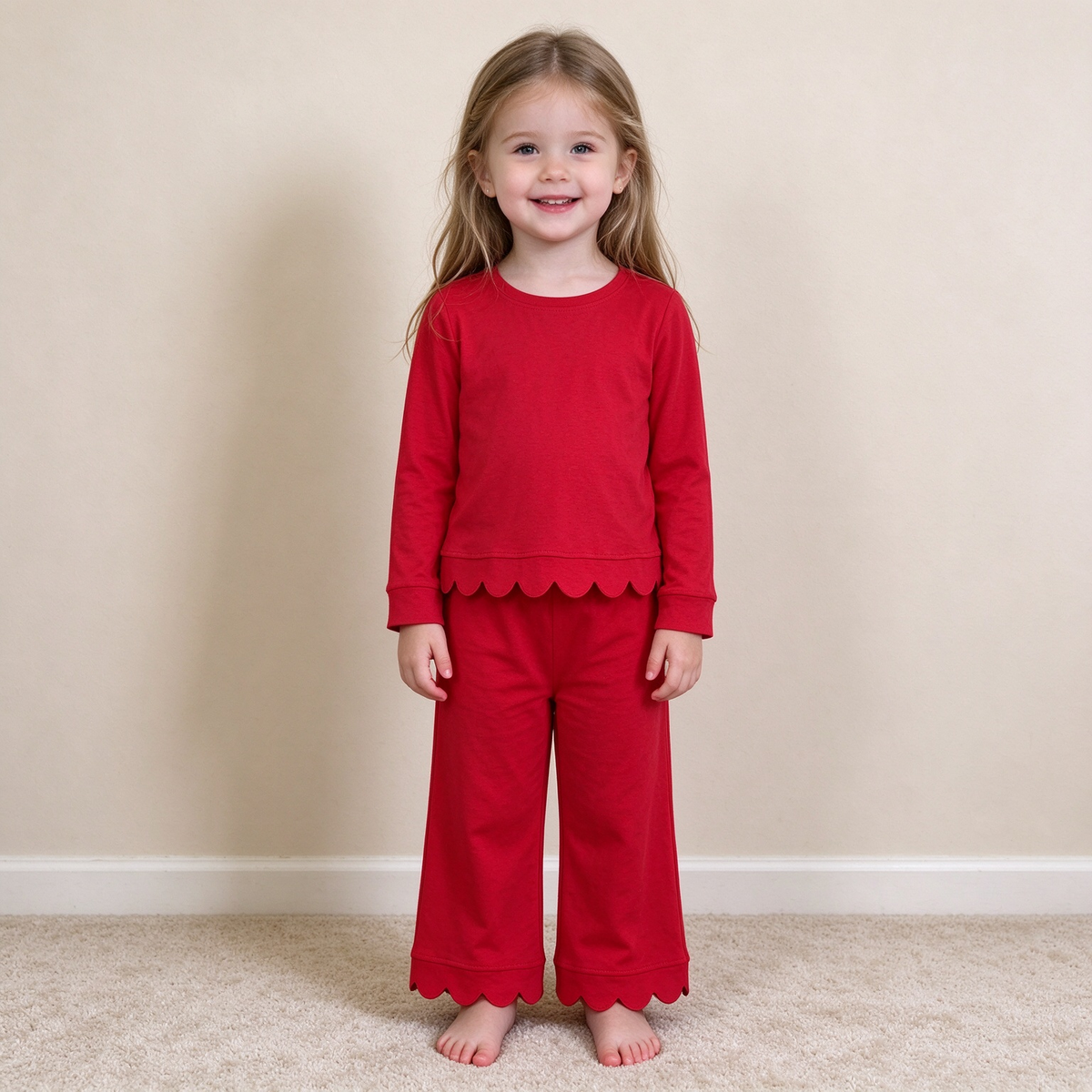 NEW RTS NO MOQ cotton GLP2964 Baby Girls Red Long Sleeve Top Pockets Pants Scallop Clothes Sets