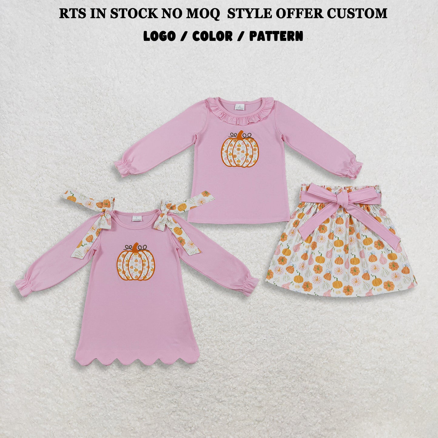 RTS NO MOQ Sibling Baby Girls Embroidery Flower Pumpkins Top Bows Skirt Fall Clothes Set Scallop Tops