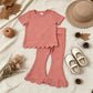 NEW RTS NO MOQ cotton GSPO2338（GT1768+P1076）Baby Girls Pink Short Sleeve Shirts Top Flare Pant Scallop Outfit