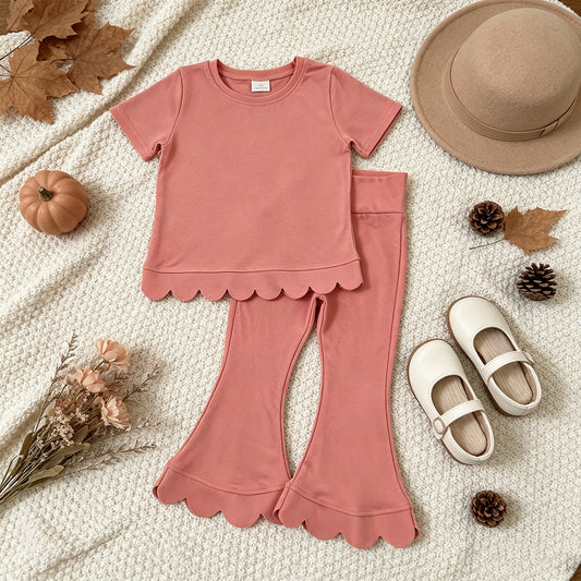 NEW RTS NO MOQ cotton GSPO2338（GT1768+P1076）Baby Girls Pink Short Sleeve Shirts Top Flare Pant Scallop Outfit