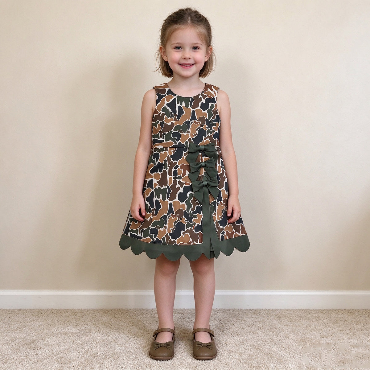 NEW RTS NO MOQ yoga fabric GSD4229 Baby Girls Dark Brown Camo Yoga Active Short Bows Scallop Knee Length Dress