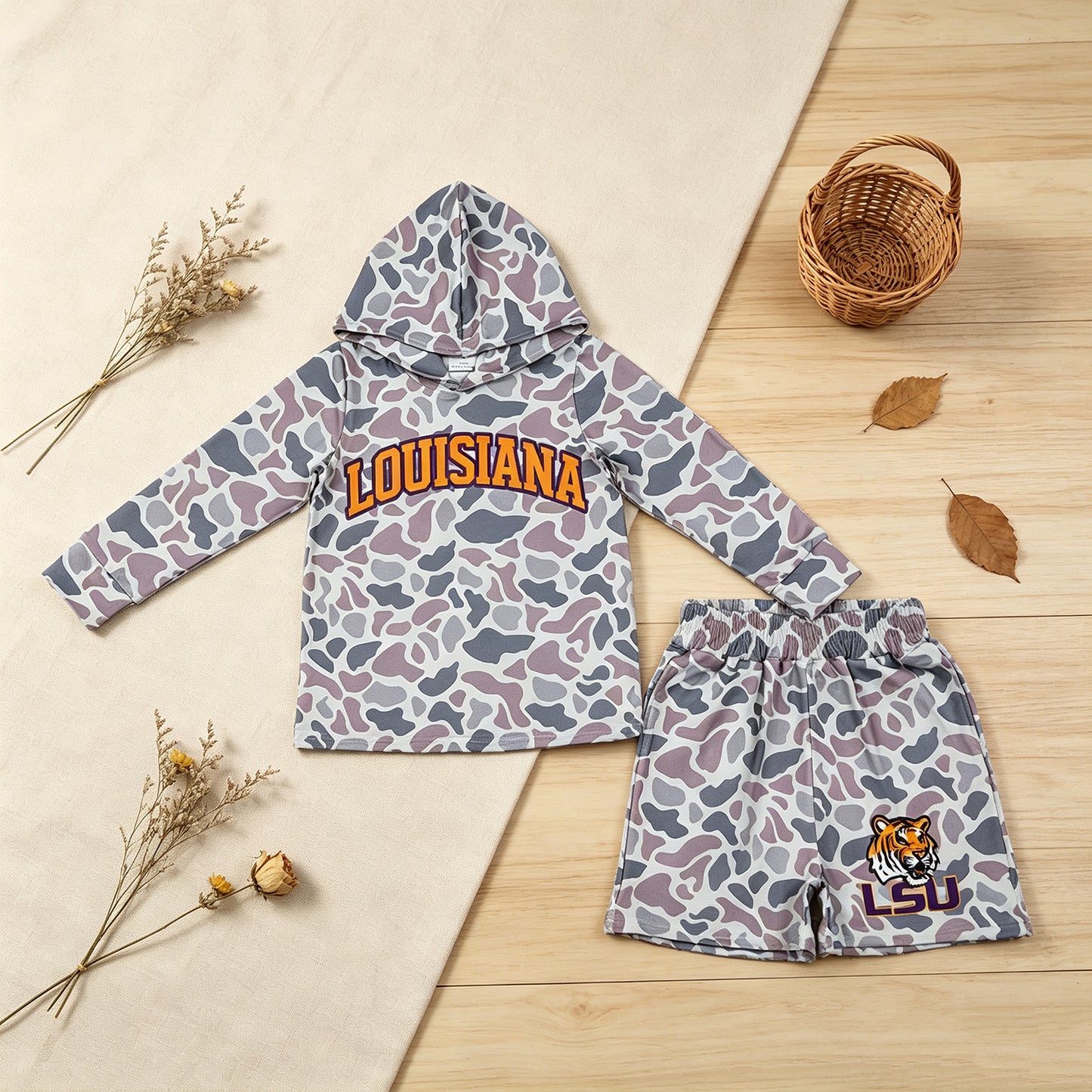 NEW RTS NO MOQ milk silk BLS0045 Baby Boys Light Grey Camo Louisiana Long Sleeve Hoodie Short Team Clothes Set