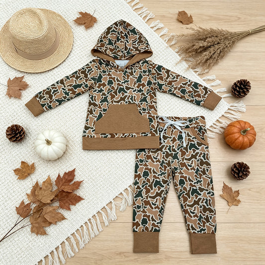 RTS NO MOQ milk silk BLP1509 Baby Boys Khaki Green Camo Hoodie Pocket Jogger Pants Clothes Set