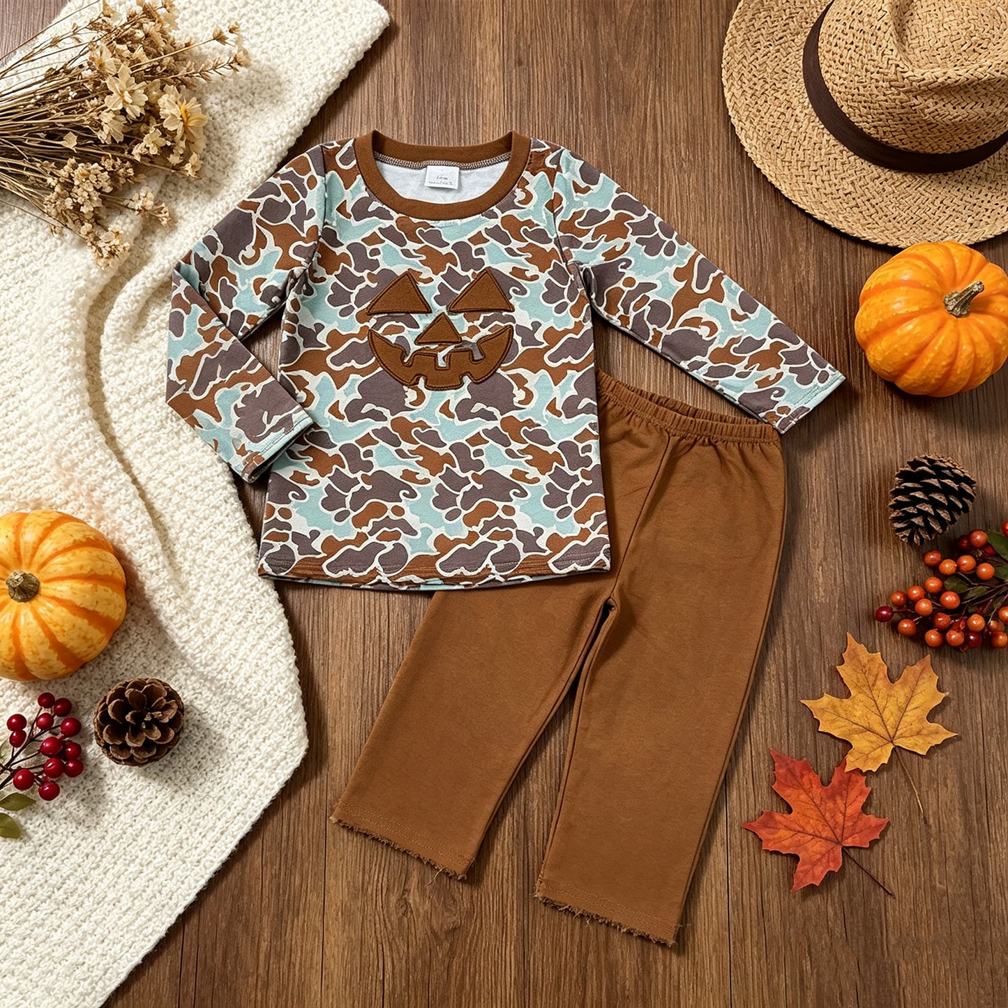 NEW RTS NO MOQ milk silk BLP1193 Embroidery Ghost Pumpkins Baby Boys Camo Top Pant Halloween Clothes Set