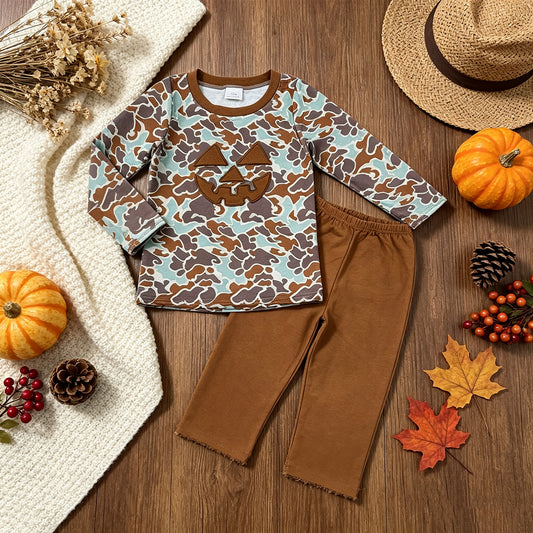 NEW RTS NO MOQ milk silk BLP1193 Embroidery Ghost Pumpkins Baby Boys Camo Top Pant Halloween Clothes Set
